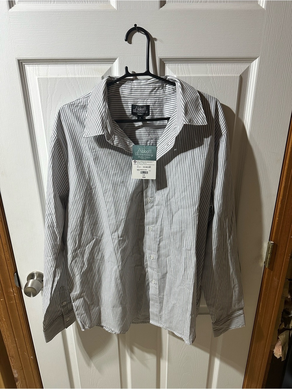 NWT Abbott Elementary Striped Button Up Shirt Long Sleeve Grey White; Mens Large